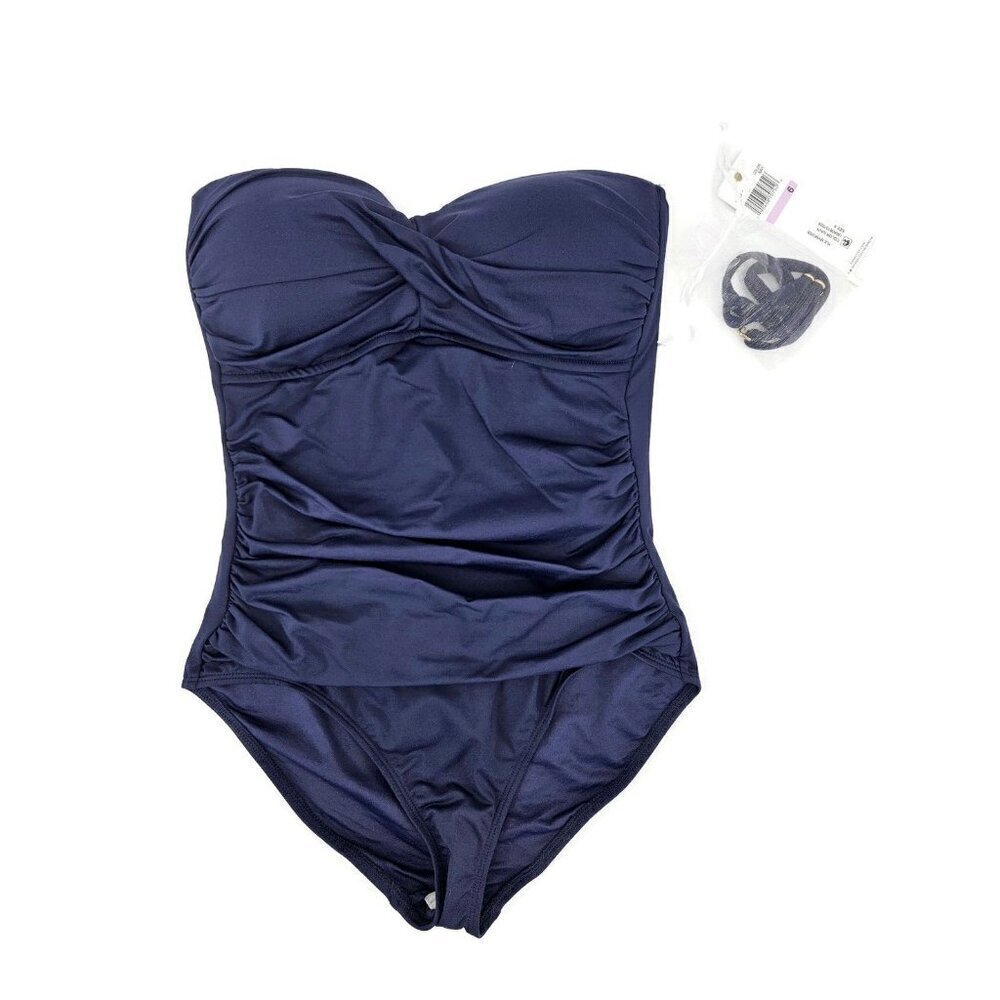 New Anne Cole Navy Blue Twist Front Strapless Swimsuit Size 6 One Piece Shirred - Picture 2 of 5